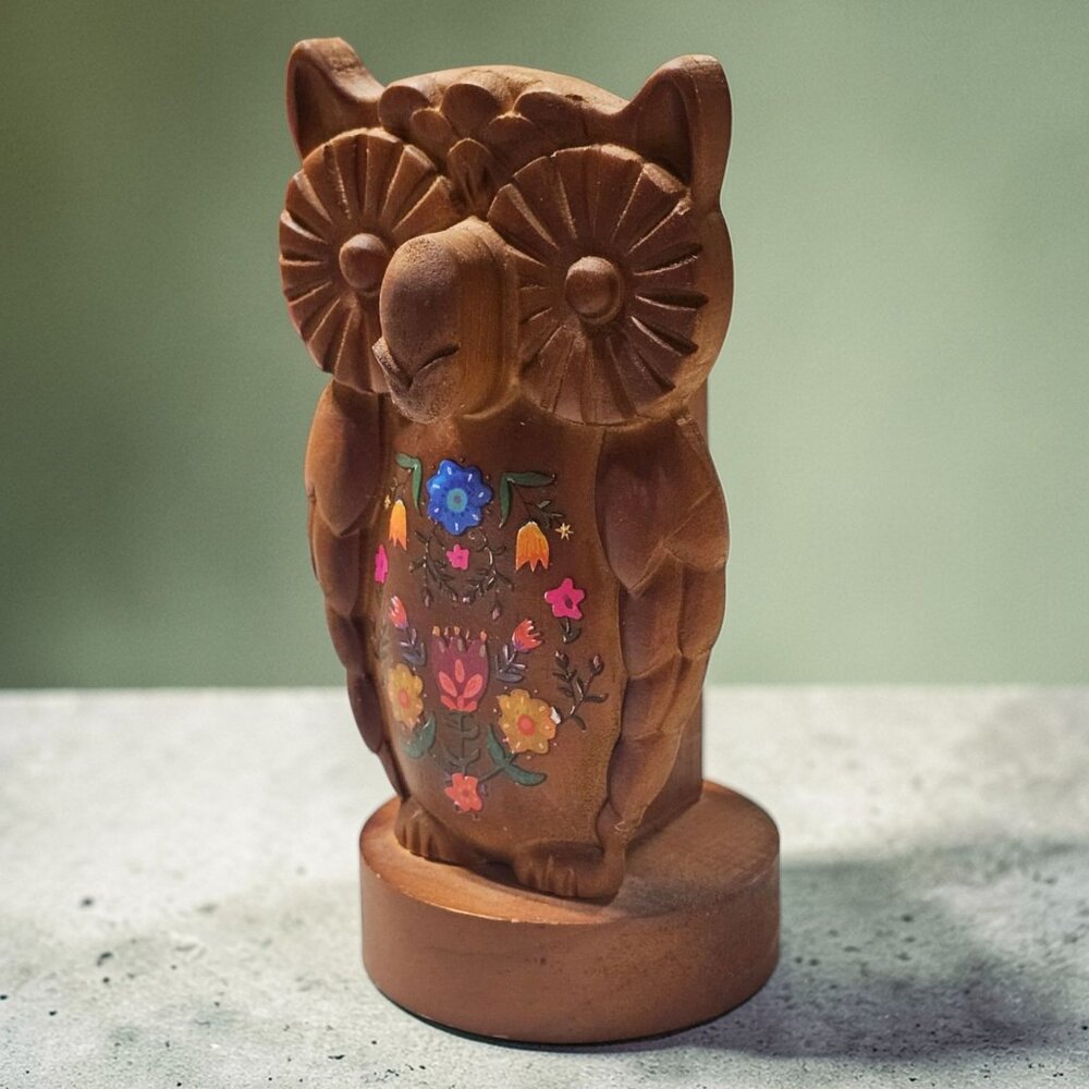 NATURAL LIFE Brown Wooden Owl Figurine with Colorful Floral Chest
